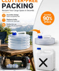 Collapsible Water Tank With Spigot For Camping And Road Trips, Accordion Style Storage Jug shown on picnic table and car trunk