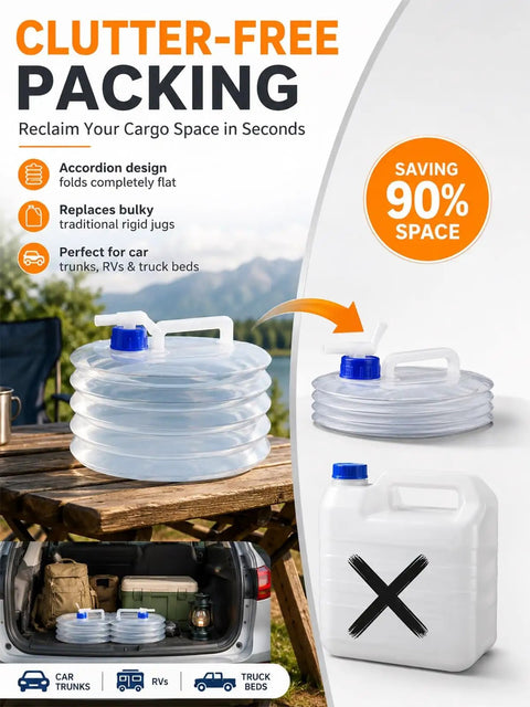 Collapsible Water Tank With Spigot For Camping And Road Trips, Accordion Style Storage Jug shown on picnic table and car trunk