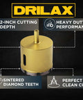 Drilax 2-inch diamond masonry hole saw front view; gold-colored cutter with 3/8" shank and sintered diamond teeth