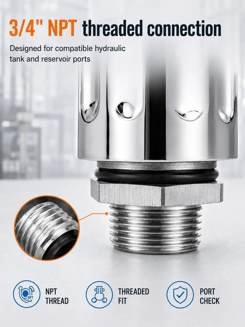 Vourtm 3/4 Npt Hydraulic Breather Cap With 40 Micron Filtration Vent Cover. Close-up of NPT threaded connection for hydraulic tank use.