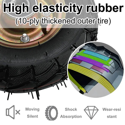 Heavy Duty Rubber Pneumatic Casters 4 Pack 8 10 Inch Rock Solid Replacement Wheels With Swivel Brakes close-up of high elasticity rubber tire showing thickened outer layer.
