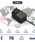 Diagram of 24V 1500mA fast battery charger voltage compatibility and safety features with global map in background.