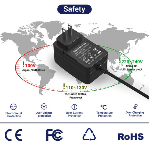 Diagram of 24V 1500mA fast battery charger voltage compatibility and safety features with global map in background.