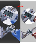 Measuring dimensions of White 2 Pack Folding Shelf Brackets with digital caliper showing 40mm and 22mm measurements.