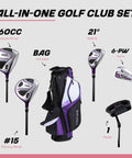 All In One Women Golf Club Set With Driver Fairway Wood Hybrid 6 PW Irons Putter Stand Bag 3 Head Covers Ultra Light Graphite Shafts Right Handed Purple 3 Size Options, showing clubs and bag