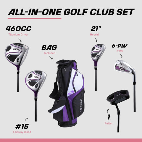 All In One Women Golf Club Set With Driver Fairway Wood Hybrid 6 PW Irons Putter Stand Bag 3 Head Covers Ultra Light Graphite Shafts Right Handed Purple 3 Size Options, showing clubs and bag