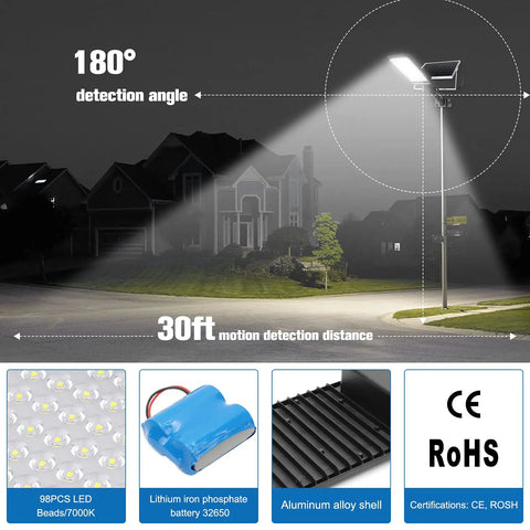 Lit Two Light Set 100W Solar Street Lights With Motion Sensor IP67 illuminating a suburban street at night with specs highlighted