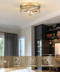 Room view of a 13 Inch Flush Mount Ceiling Light Fixture With Clear Glass And Brushed Gold Finish Modern Farmhouse Style, 2 sockets, hard wired