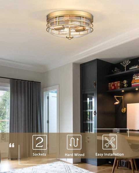 Room view of a 13 Inch Flush Mount Ceiling Light Fixture With Clear Glass And Brushed Gold Finish Modern Farmhouse Style, 2 sockets, hard wired
