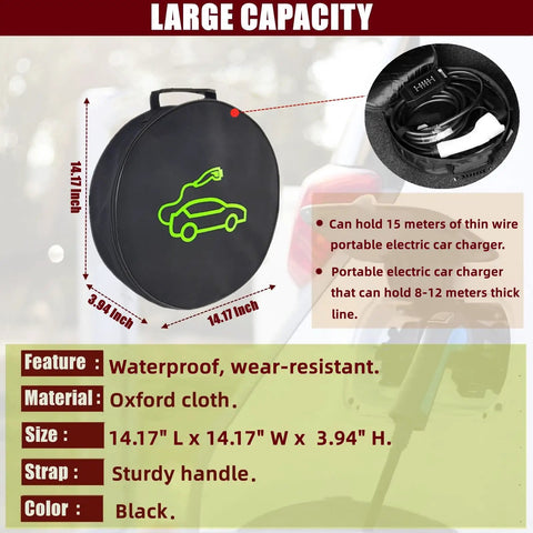 Slick EV Cable Carrier Bag For Electric Vehicle Charging Cables And RV Sewer Hose Organizer, 14.17 inch black waterproof Oxford bag