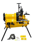 Heavy Duty One Horsepower Electric Pipe Threader Cutting Machine For Half To Four Inch Steel Tubing With Dual Sixteen And Forty Eight RPM Settings Plus Rock Solid Four Point Nine Inch Chuck For Daily Job Site Grind with yellow housing and adjustable features.