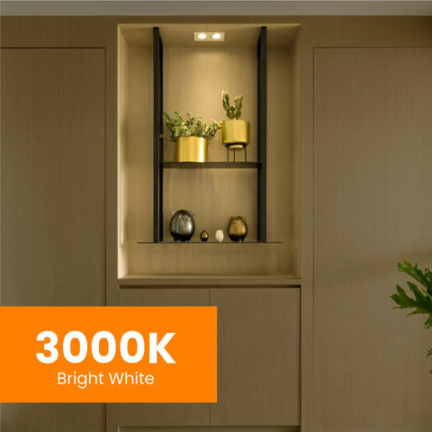 3000K bright white light from 20 Watt Xenon Halogen G8 Bi Pin Light Bulbs illuminating a stylish shelf display
