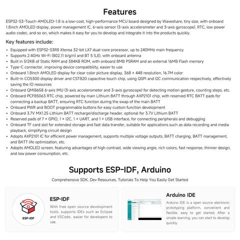 Dope Esp32-S3 1.8 Inch Amoled Touch Screen Module Featuring Ft3168 Capacitive Chip And Xtensa Dual Core Processor With Bluetooth And Wifi Support For Your Next Hella Cool Diy Project, showing detailed features and specifications.