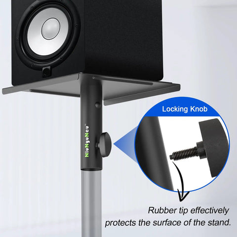 Universal 9 By 9 Inch Speaker Monitor Stand Plate For 35mm Poles with locking knob detail and speaker setup