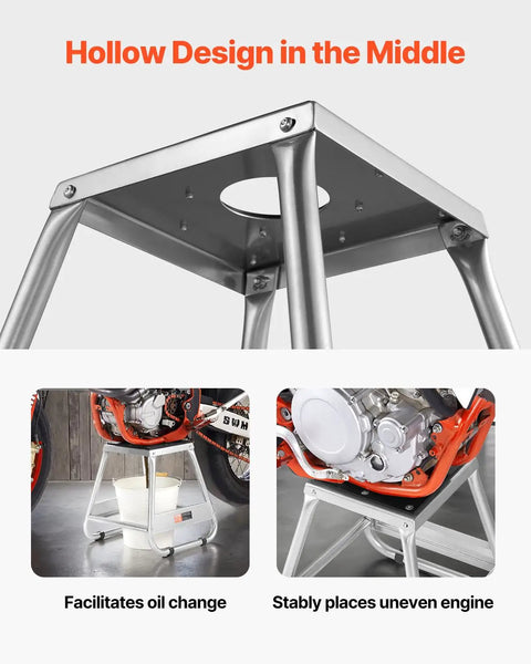 Beefy Dirt Bike Stand With 1100 LB Load Capacity And 16 Inch Universal Fit Lift Heavy Duty Non Slip Off Road Steel Maintenance Stand for Motorcycle and Powersports, hollow center design visible