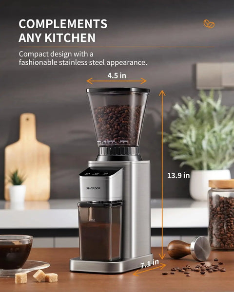 Conical Burr Coffee Grinder With 48 Grind Settings For Espresso, Drip And French Press, stainless steel, in a kitchen setting.