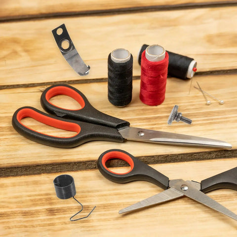 Industrial Sewing Machine Parts Kit With Precision Metal Bobbin Case Spring, Needle Plate Screws, Tension Springs, And Repair Screws For Smooth Operation, Wide Compatibility, And Easy Installation; scissors and spools shown