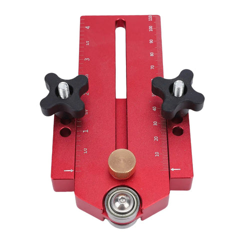 Thin Jig Table Saw Guide Pro Grade With Secure Lock Design for T-Slot Tracks, red aluminum with measurement markings.