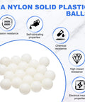 Built Tough One Inch Nylon Solid Balls Ten Pack PA Plastic Bearing Spheres arranged on a white background with durability features.
