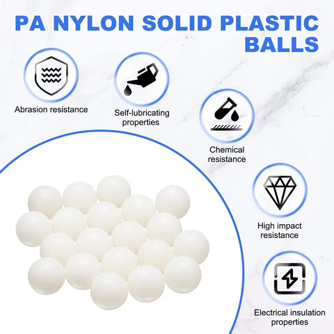 Built Tough One Inch Nylon Solid Balls Ten Pack PA Plastic Bearing Spheres arranged on a white background with durability features.