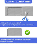 Installation steps for Trimmable Car Grill Mesh Made From Aluminum Alloy Universal Mesh Grill Insert, showing cutting and securing methods.