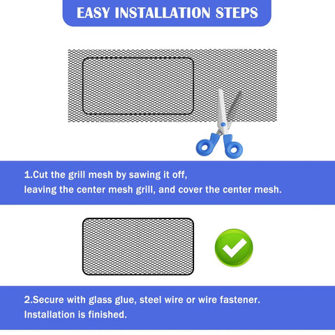 Installation steps for Trimmable Car Grill Mesh Made From Aluminum Alloy Universal Mesh Grill Insert, showing cutting and securing methods.
