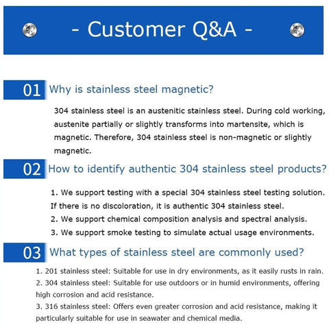 Customer Q&A about 304 stainless steel properties and identification methods, including questions on magnetic nature and common uses.