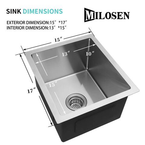 Undermount 15 By 17 Inch Small RV Bar Sink In 304 Stainless Steel With 16 Gauge Build Single Bowl Wet Prep Sink For Camper Kitchen Durable Easy Clean Design That Handles Dirt Like A Pro. Image shows sink with dimensions marked.