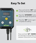 Digital Cooling Thermostat Controller With Temperature Controlled Outlet For Attic Fans And Exhaust Fans And Other Cooling Devices 40 To 108 Fahrenheit 8.3A 1000W Easy Plug And Play With LED Display showing settings instructions