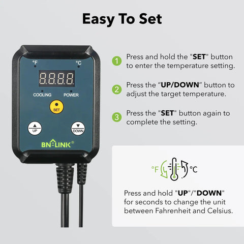Digital Cooling Thermostat Controller With Temperature Controlled Outlet For Attic Fans And Exhaust Fans And Other Cooling Devices 40 To 108 Fahrenheit 8.3A 1000W Easy Plug And Play With LED Display showing settings instructions