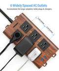 Slick Wood Finish Surge Protector Power Strip With Six Widely Spaced Outlets And Dual USB C Plus Dual USB A Ports, showing 6 AC outlets and USB ports.