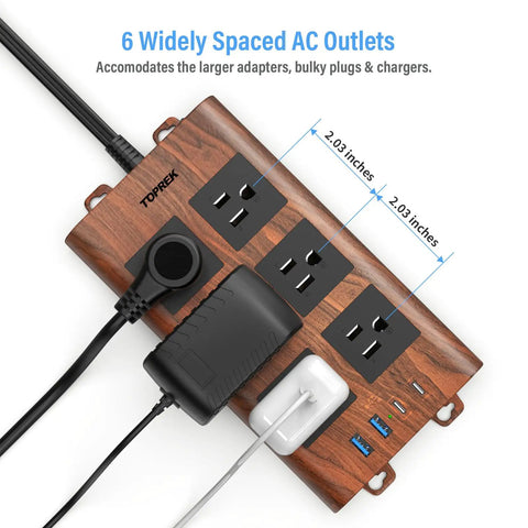 Slick Wood Finish Surge Protector Power Strip With Six Widely Spaced Outlets And Dual USB C Plus Dual USB A Ports, showing 6 AC outlets and USB ports.
