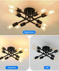 Eight Light Industrial Semi Flush Mount Ceiling Light Fixture In Matte Black With Farmhouse Close To Ceiling Style Modern Sputnik Chandelier for kitchen and bedroom, nighttime, daytime, off settings.
