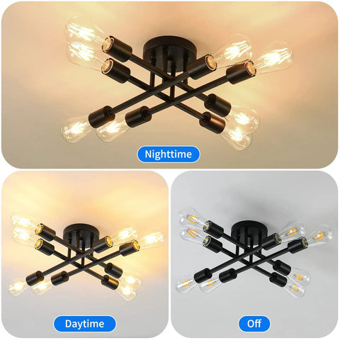Eight Light Industrial Semi Flush Mount Ceiling Light Fixture In Matte Black With Farmhouse Close To Ceiling Style Modern Sputnik Chandelier for kitchen and bedroom, nighttime, daytime, off settings.