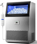 Heavy Duty Commercial Ice Maker Churning Out 110 Pounds Of Frosty Cubes Every 24 Hours With A Roomy 33 Pound Holder And No Sweat Self Cleaning Setup, showcasing ice cubes in a stainless steel unit.