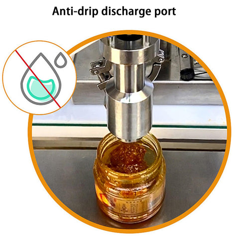 Rock Solid Automatic Liquid Filler Machine With Dripless Stainless Steel Nozzles Smart Touchscreen Control For Honey Oyster Sauce Jam And Butter Packaging, showing anti-drip nozzle above honey jar.