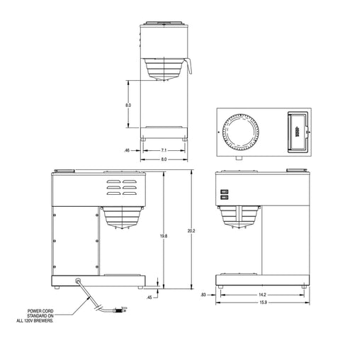 12-Cup Pourover Commercial Coffee Brewer With Upper And Lower Warmers And Two Glass Decanters, Black And Stainless Finish, VPR-2GD Boss Brew Station technical diagram with dimensions, side and front views.