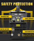 HIZONE 3 In 1 MIG Welder With 135 Amps Output showing safety features including automatic shutdown and IP21S rating.