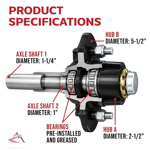 Pack Of Two Rugged Trailer Axle Kits With Four On Four Bolt Pattern Idler Hub And One And One Quarter Inch Round BT8 Spindle specifications showing detailed dimensions.