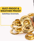 Professional Grommet Kit For Three Eighths To One Half Inch Brass Grommets For Tarp Repair And Canvas Reinforcement pile of brass grommets