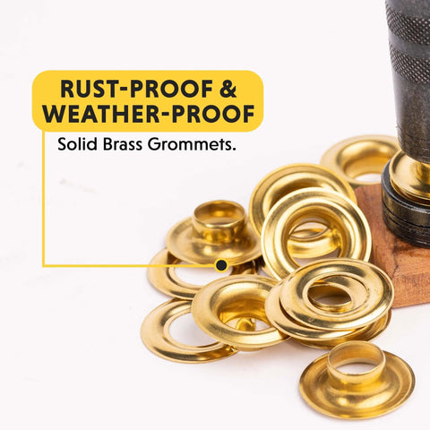 Professional Grommet Kit For Three Eighths To One Half Inch Brass Grommets For Tarp Repair And Canvas Reinforcement pile of brass grommets