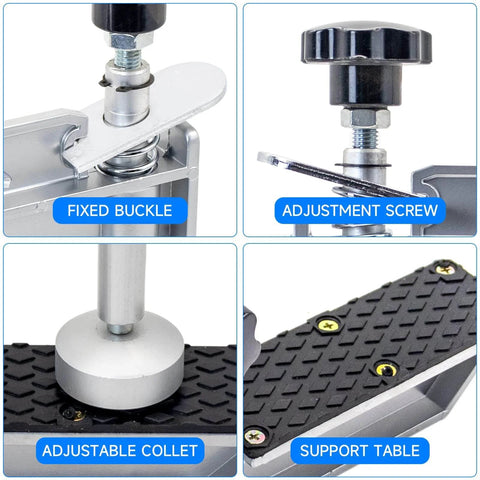 Close-up of 45 Degree Stone Mitre Clamp For Countertop Seam Splicing parts: fixed buckle, adjustment screw, adjustable collet, support table.