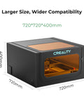 Front view of Creality laser engraver enclosure, 720x720x400 mm, black metal with orange viewing window.