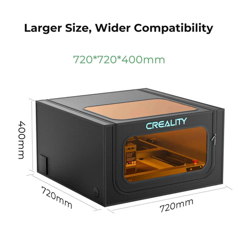 Front view of Creality laser engraver enclosure, 720x720x400 mm, black metal with orange viewing window.