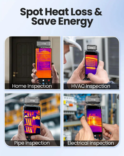 P1 USB-C Thermal Imaging Camera For iPhone And Android showing home, HVAC, pipe, and electrical inspections in action