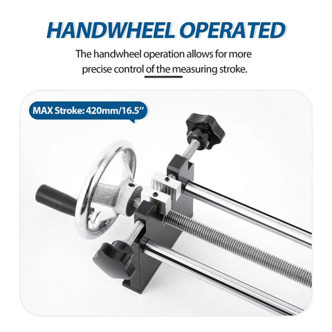 Manual Push Pull Force Test Stand With 420mm Stroke And Clamp Handwheel Controlled Spiral Mechanism For Precise Force Output Compact 5Kg Steel Frame 500N Capacity Great For Lab Or Workshop Testing. Handwheel-operated steel frame with 420mm stroke.