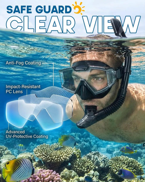 Man using All-In-One Snorkel Mask Set with Dry Snorkel and 180 Degree Panoramic View, Anti-Fog and Anti-Leak Tech in ocean.