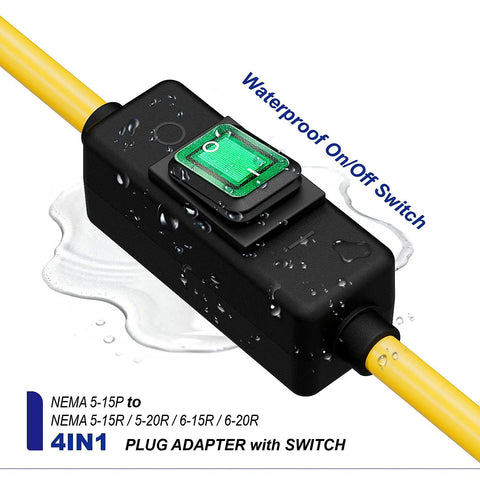 Heavy Duty Outdoor Waterproof Extension Cord With In Line On Off Switch And 12 AWG SJTW Wire 125V 20 Amp IP57 Rated Built To Last Weatherproof Power For Outdoor Use T Blade Female Connector And DIY Projects, close-up of waterproof switch