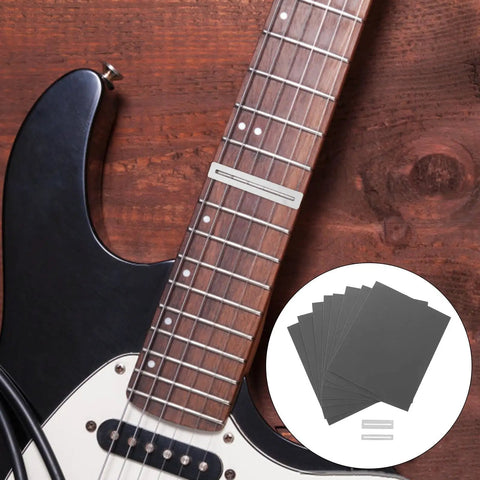 Fretboard Protector Kit For Guitar Frets Polishing And Guard Pads Includes Fret Grinding Pads And Polishing Paper Fits Most Wooden And Electric Guitars Bass Friendly For Smooth Shiny Fret Surfaces, shown on electric guitar fretboard with polishing sheets