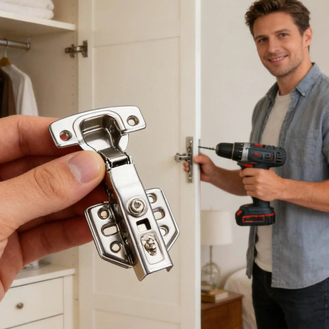 Person installing Stainless Steel Soft Close Cabinet Hinges For Concealed Overlay Doors in a bedroom setting
